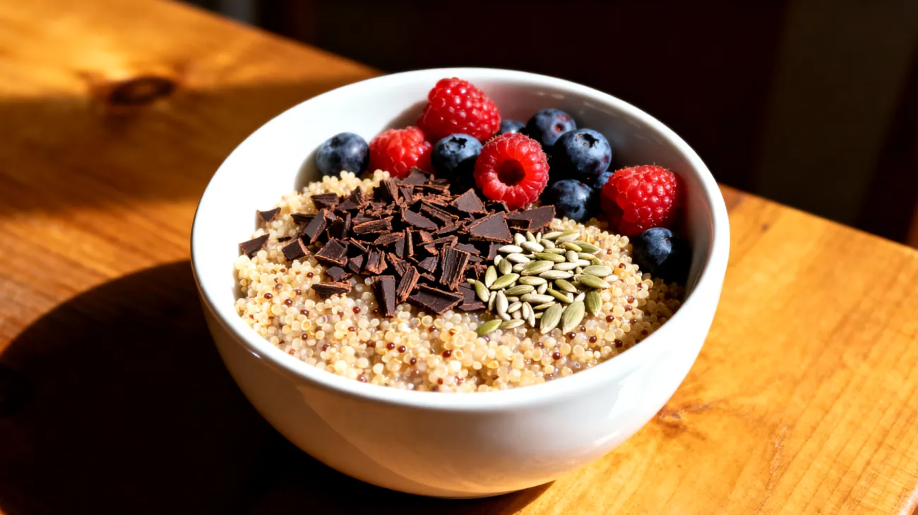 Amaranth-Quinoa-Bowl mit Kakao-Nibs und Hanfsamen"