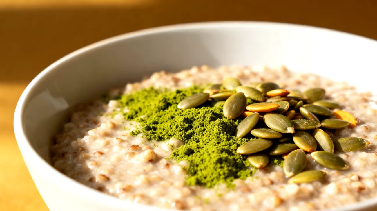 Buchweizen-Amaranth-Porridge mit Brennnesselpulver und Kürbiskernen"