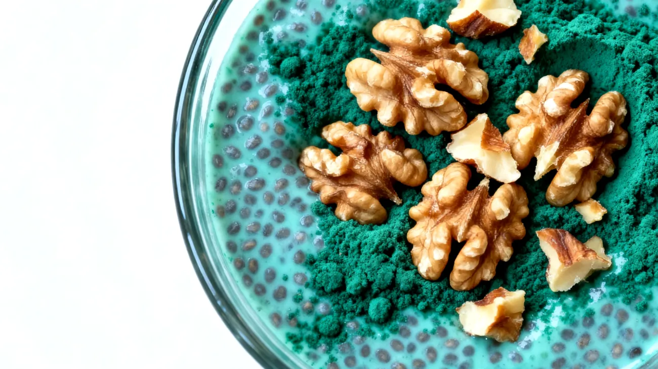 Chia-Pudding mit Spirulina und Walnüssen"