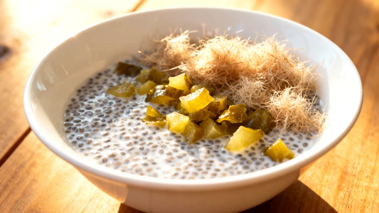 Chiasamen-Pudding mit Flohsamenschalen und fermentierten Gemüsestücken"