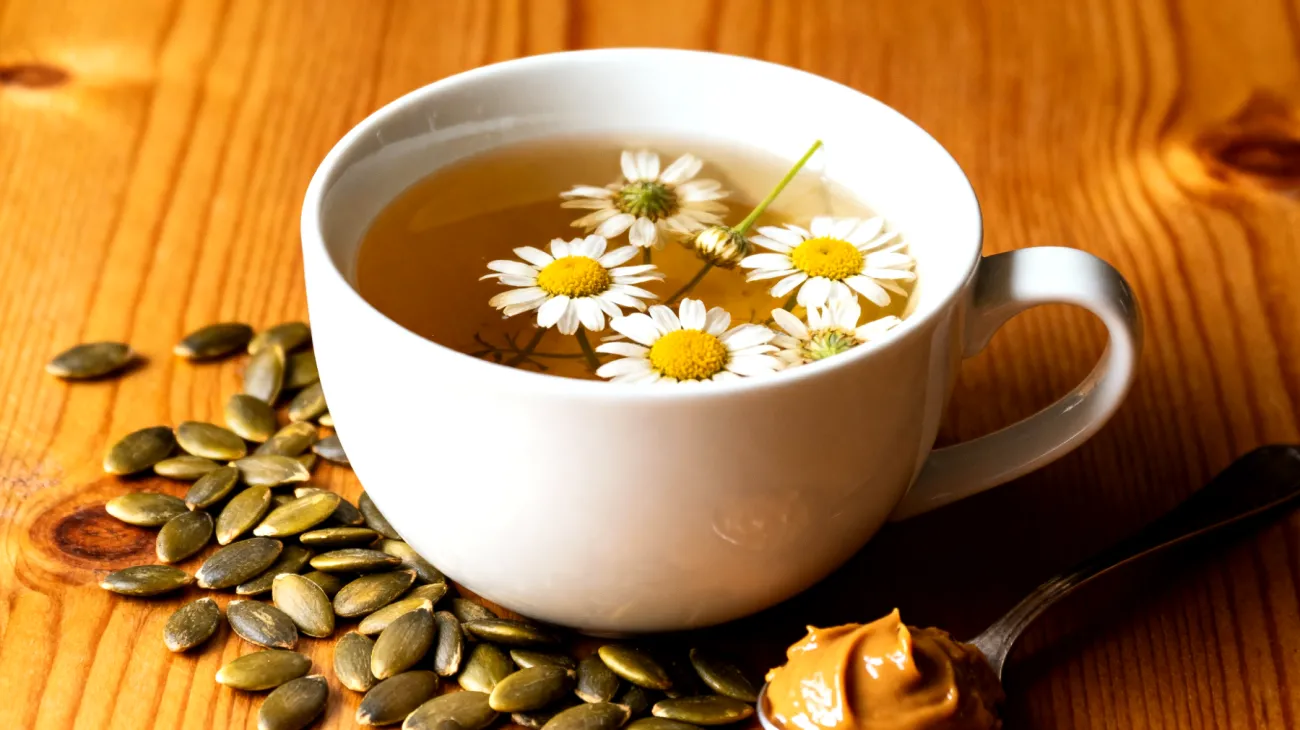 Kamillentee mit gerösteten Kürbiskernen und einem Löffel Mandelmus"