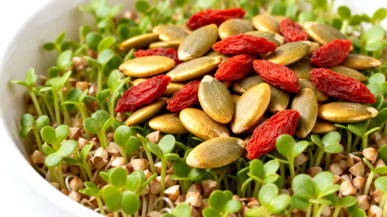 Buchweizen-Sprossen mit Kürbiskernen und Goji-Beeren"