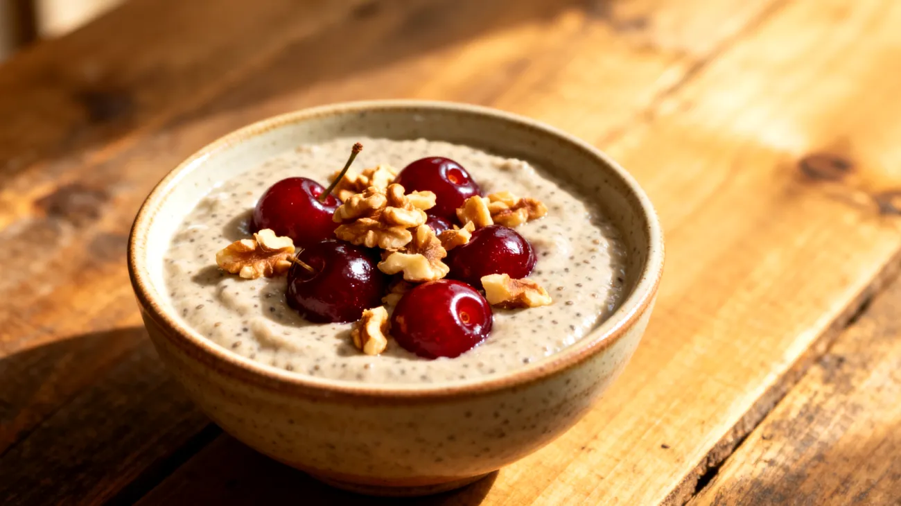 Hanfsamen-Pudding mit Sauerkirschen und Walnüssen"