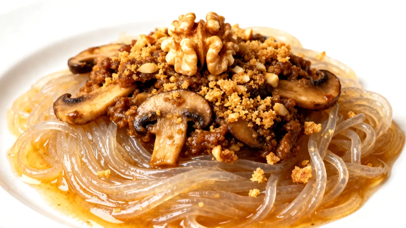 Konjac-Nudeln mit Pilz-Ragu und gerösteten Walnüssen"