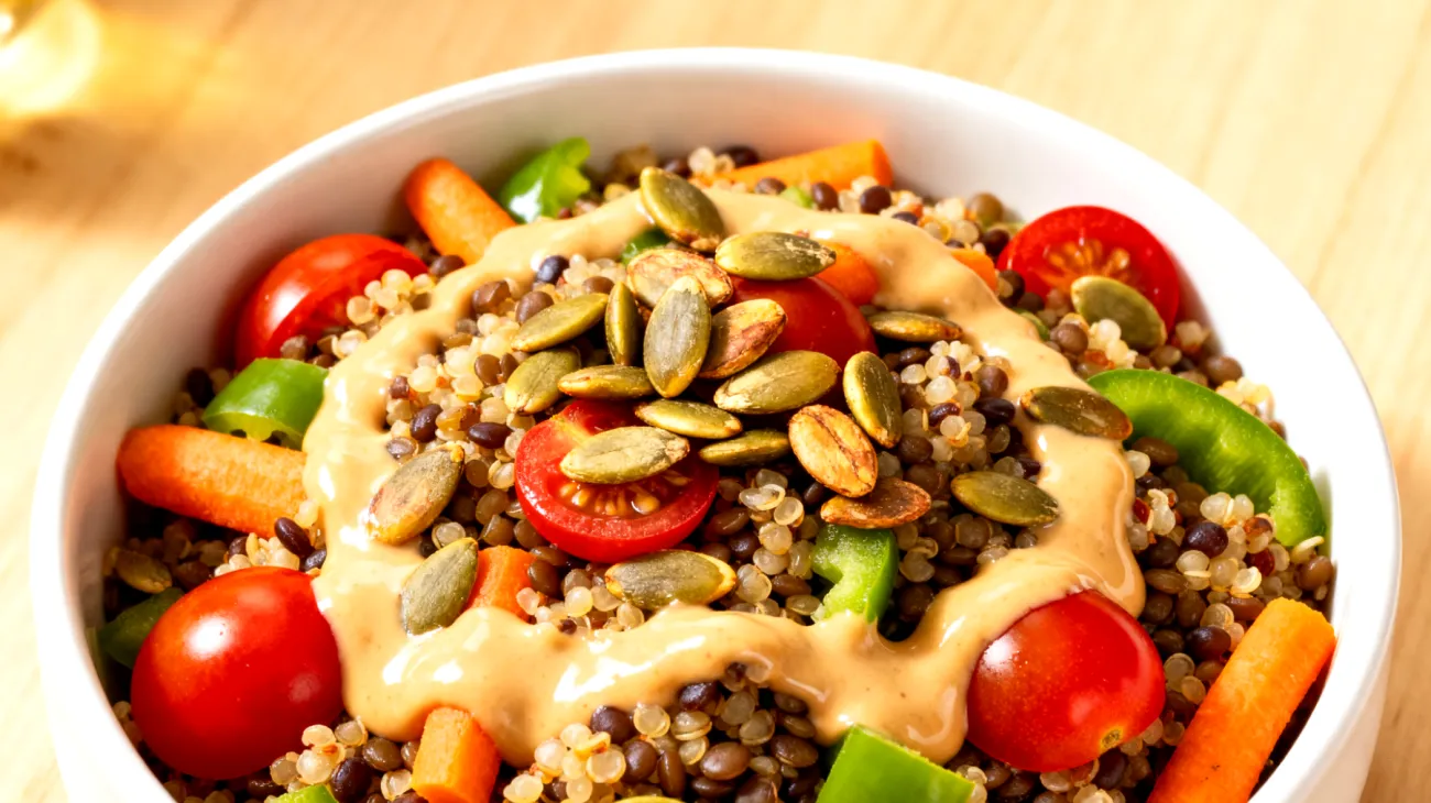 Quinoa-Linsen-Salat mit gerösteten Kürbiskernen und Tahini-Dressing"