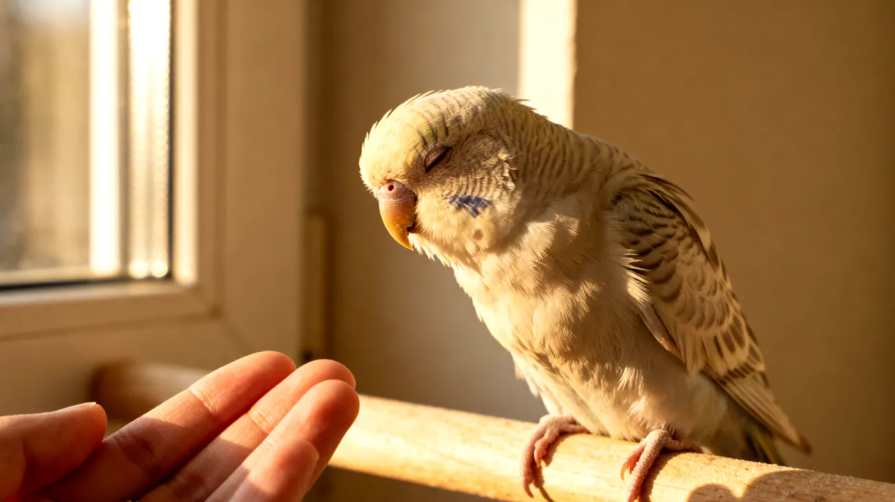 Ein älterer Wellensittich zeigt nachlassende Lernfähigkeit und Motivation beim Training, reagiert langsamer auf Kommandos und hat Schwierigkeiten, neue Verhaltensübungen zu erlernen oder bereits gelernte Tricks auszuführen"